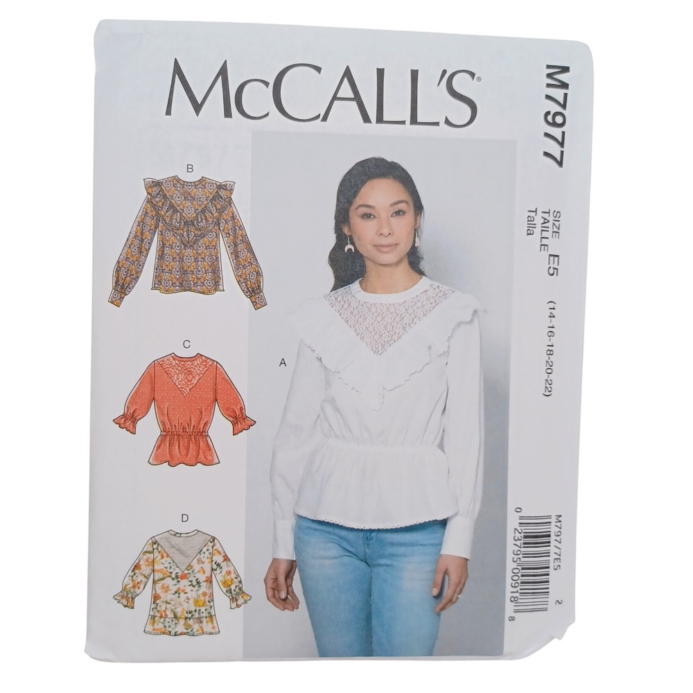 McCall's M7977 Misses Tops Sewing Pattern Size 14-22 Lace Yoke Ruffle Blouse E5